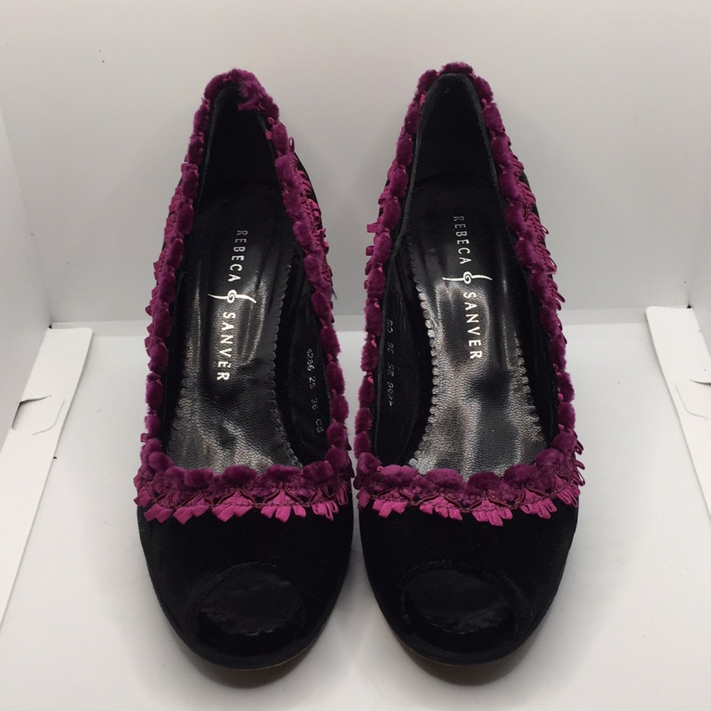 Rebeca Sanver Velvet Peep Toe Heels Black Purple Size 6 Formal